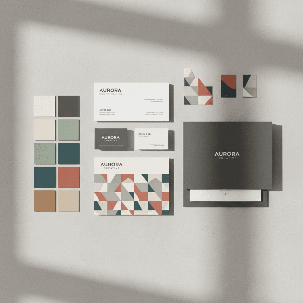 Complete brand identity system showing business cards, stationery, and digital templates