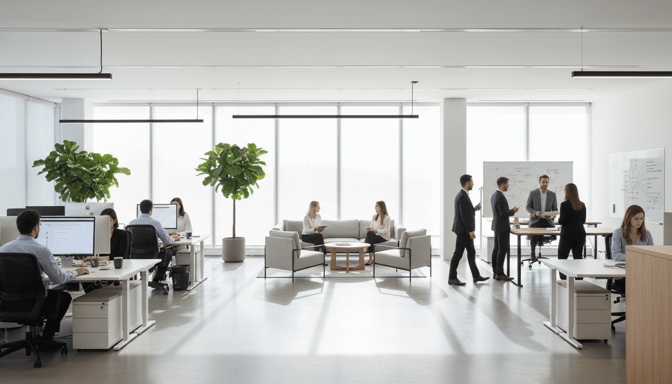 Office environment showing brand guidelines and assets actively used across multiple workstations