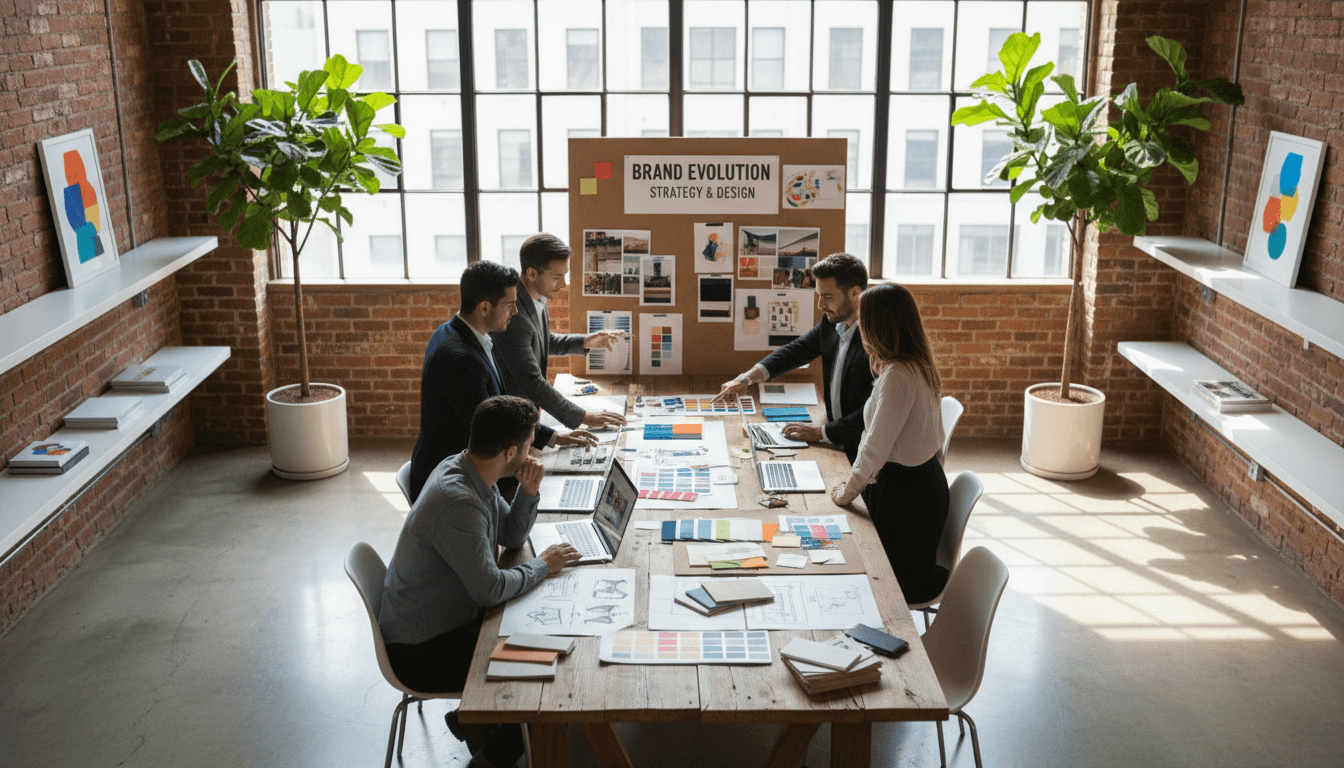 Team members reviewing brand strategy documents during a collaborative meeting