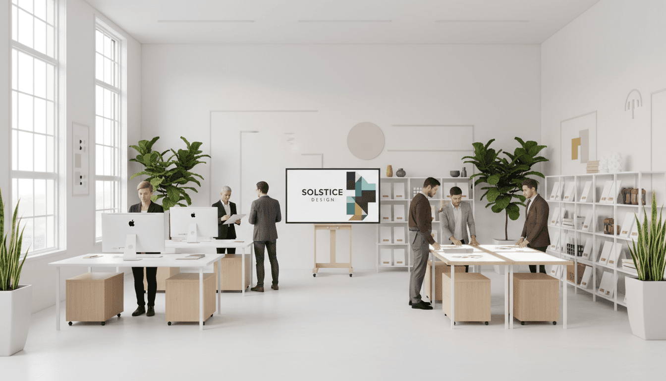 Modern branding studio workspace with design materials and city view