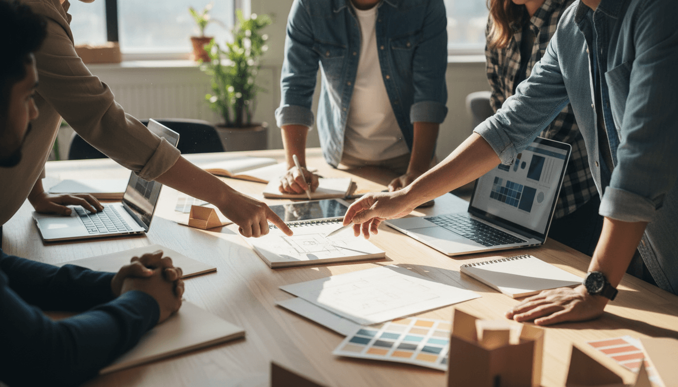 Collaborative team session reviewing brand and communications strategy