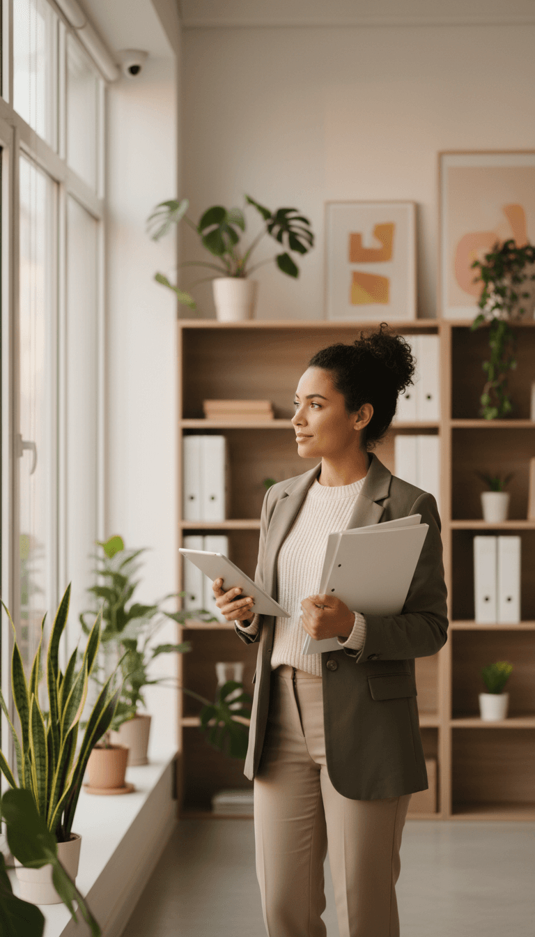 Anastasia Zaiceva at her workspace in Gdańsk, surrounded by brand strategy materials