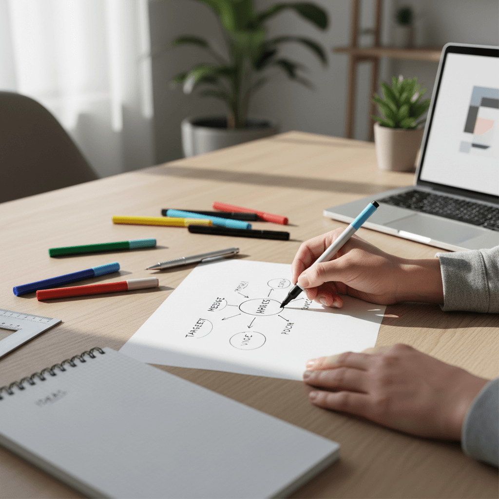 Strategist sketching messaging frameworks on paper