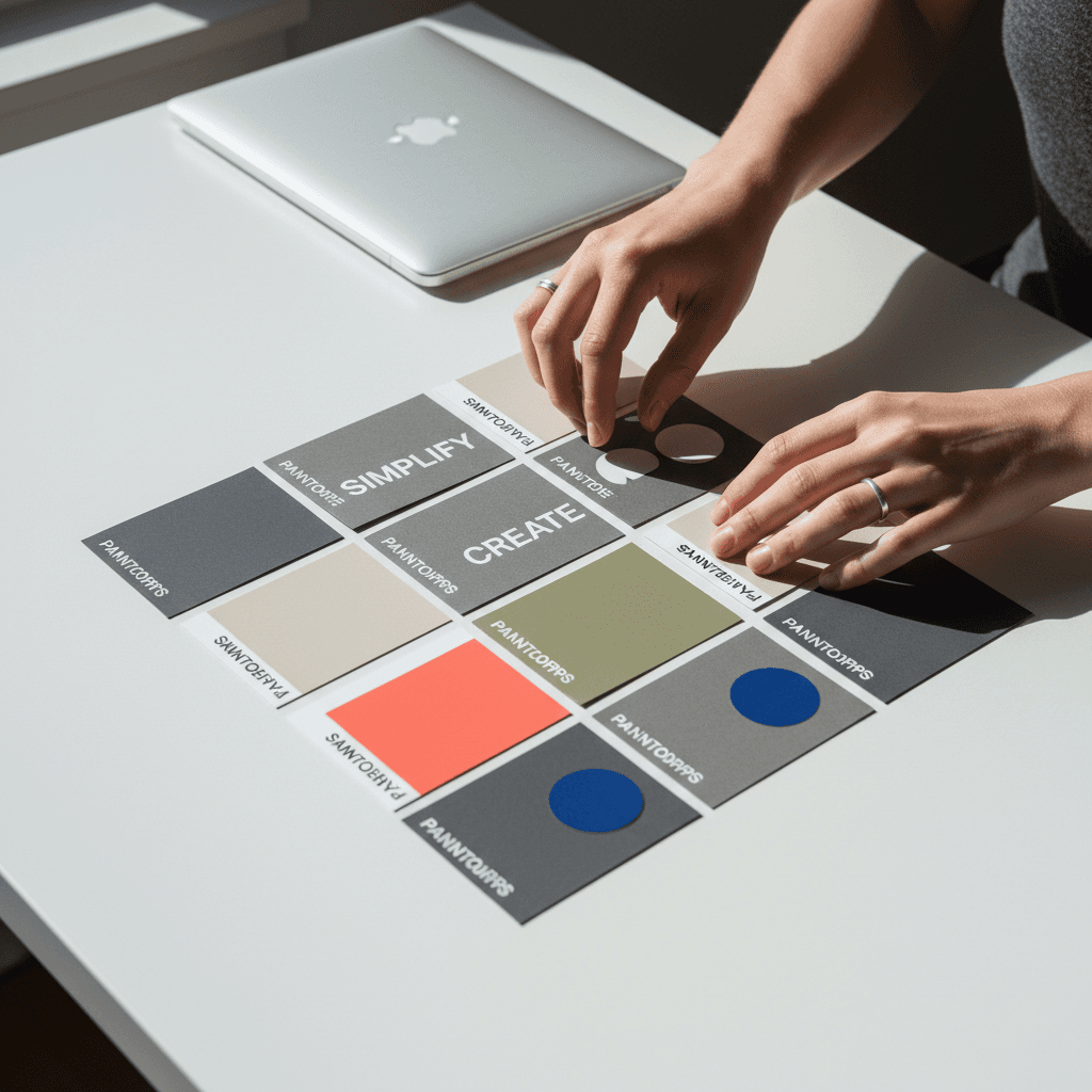 Brand guidelines documents and color swatches organized on a designer's desk