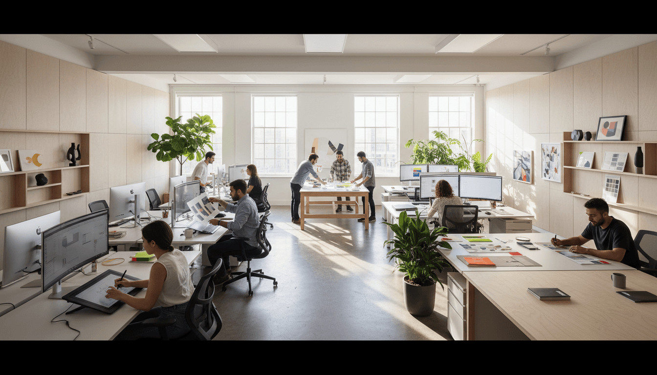 Professional strategist reviewing brand communications materials at a workspace desk